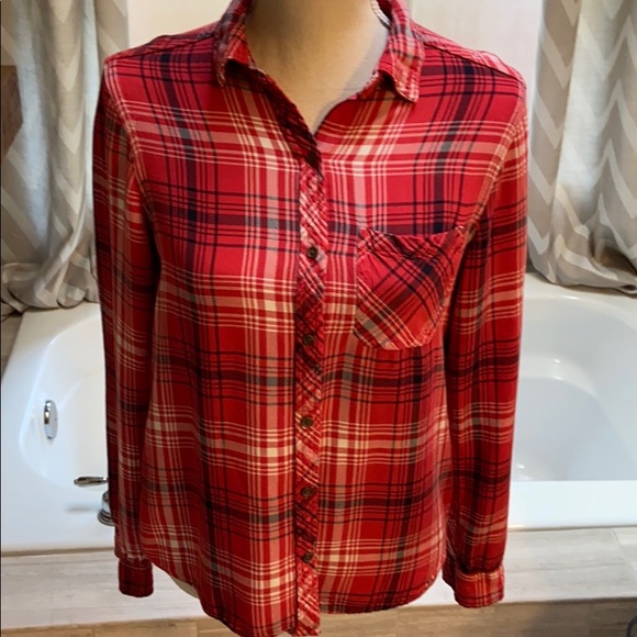 Plaid Dressy Rayon Soft Red Flannel-Look Button Down Button Front Shirt Blouse - Picture 2 of 11